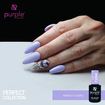 Unhas com verniz gel lilás e flor decorativa, frasco de verniz gel Purple Professional 'Perfect Couple'