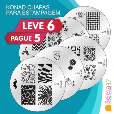 Chapas redondas para estampagem KONAD com vários padrões em preto e branco e texto promocional.