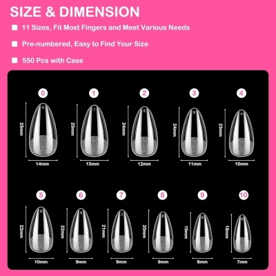 Magic Tips Amêndoa Transparentes - 550 Peças, 11 Tamanhos