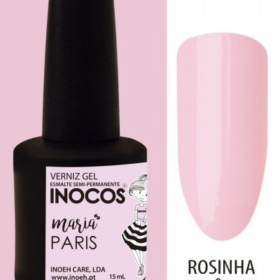 Frasco de verniz gel Inocos e amostra da cor rosa claro Rosinha Romântico