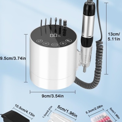Fresa Elétrica Branca Redonda de 35.000 RPM com Pedal e 6 Brocas