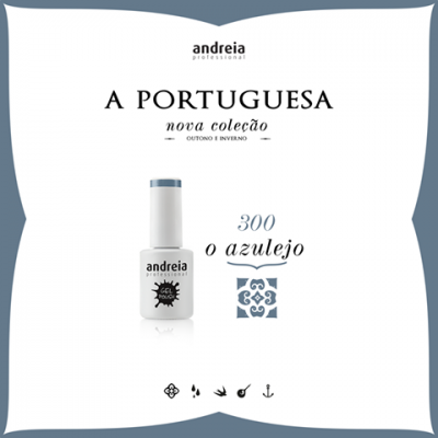 Frasco de verniz gel branco com tampo azul e texto 'andreia professional GEL POLISH'