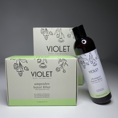 Embalagem de cosméticos capilares VIOLET com caixas e frasco branco e verde com desenhos botânicos