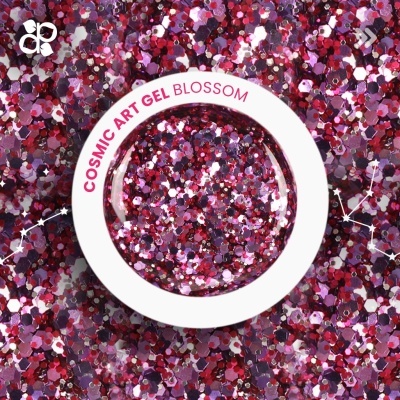 Frasco de gel com glitter em tons de rosa, vermelho e roxo rodeado por glitter similar