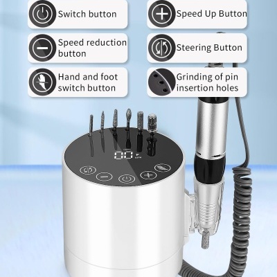 Fresa Elétrica Branca Redonda de 35.000 RPM com Pedal e 6 Brocas