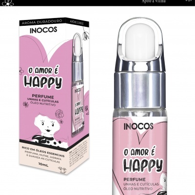Perfume nutritivo para unhas e cutículas INOCOS 'o amor é HAPPY' em frasco e embalagem rosa