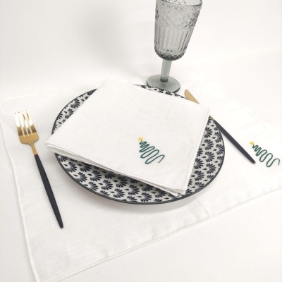 Mantel Individual/Servilleta Lino Of Rollo Green Christmas Tree White