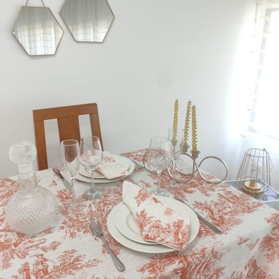 Mantel Lino COL Toile de Jouy Terractota Four Lines