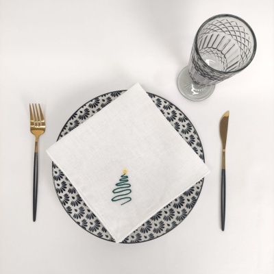 Mantel Individual/Servilleta Lino Of Rollo Green Christmas Tree White