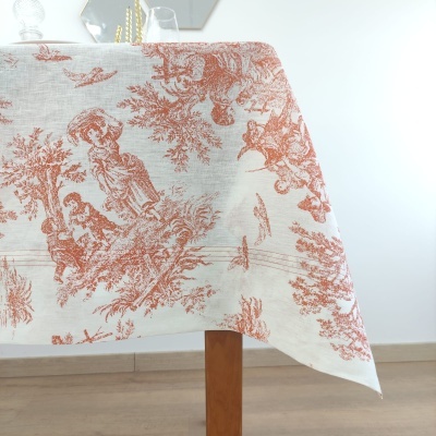 Mantel Lino COL Toile de Jouy Terractota Four Lines