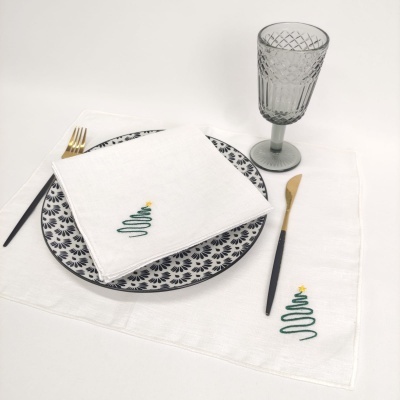 Mantel Individual/Servilleta Lino Of Rollo Green Christmas Tree White