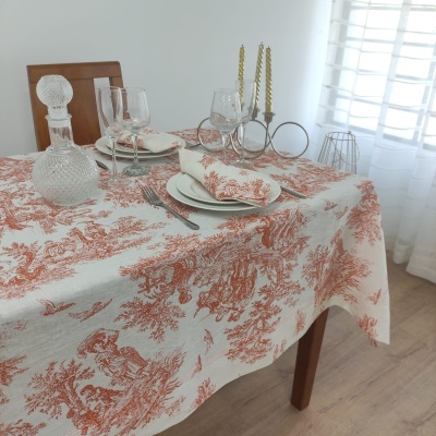 Mantel Lino COL Toile de Jouy Terractota Four Lines