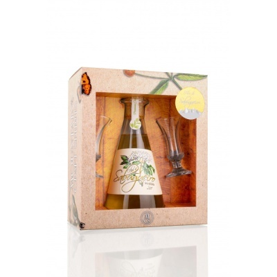 Conjunto de presente com garrafa de sidra e duas taças numa caixa decorativa