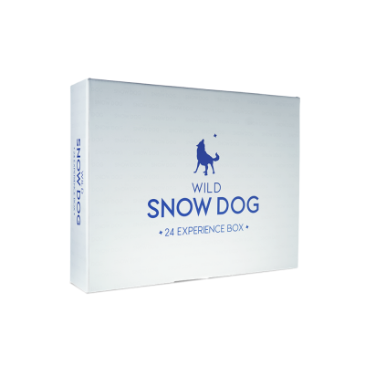 Caixa branca WILD SNOW DOG 24 EXPERIENCE BOX com ilustração de cão azul