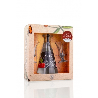 Conjunto com garrafa preta e duas taças numa embalagem de cartão bege com padrão floral