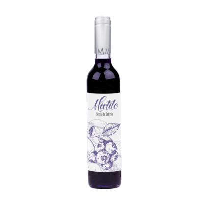 Garrafas de vinho tinto Mirtilo com rótulo branco e ilustração de mirtilos