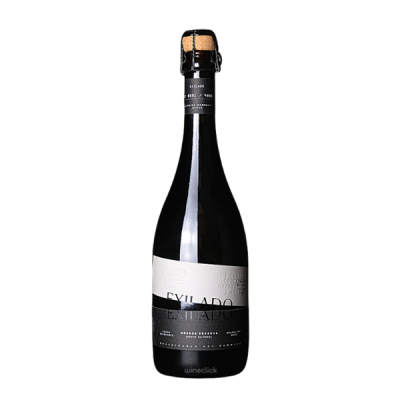 Garrafa de vinho espumante EXILADO com rótulo branco e preto
