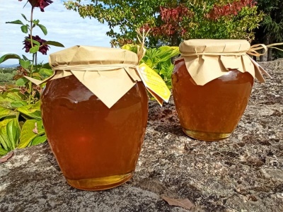 Dois frascos de vidro com tampa coberta por papel bege e cordel, contendo líquido âmbar