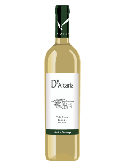 Garrafa de vinho branco D'Alcaria com rótulo branco e verde