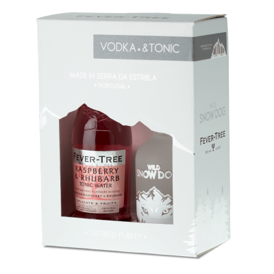Caixa de pack com garrafas de Fever-Tree Raspberry & Rhubarb Tonic Water e Wild Snow Dog