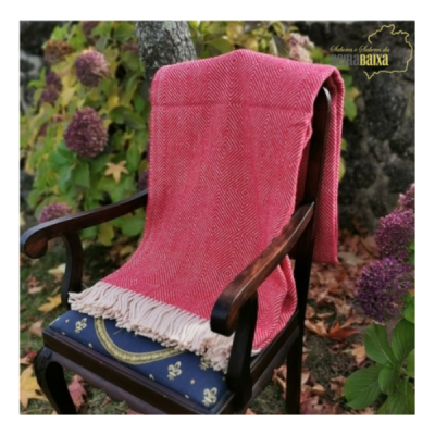 Manta vermelha com franjas brancas sobre cadeira de madeira estofada azul com flores, ao ar livre.