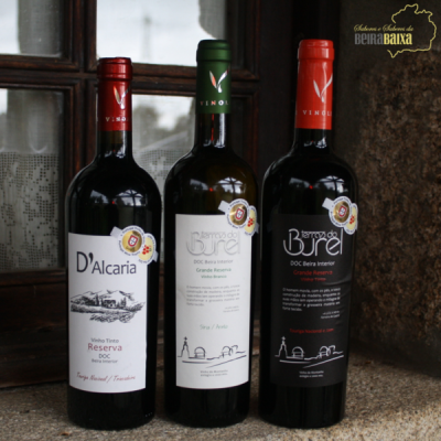 Três garrafas de vinho, duas tintas e uma branca, com rótulos e cápsulas coloridas, sobre superfície rústica junto a janela