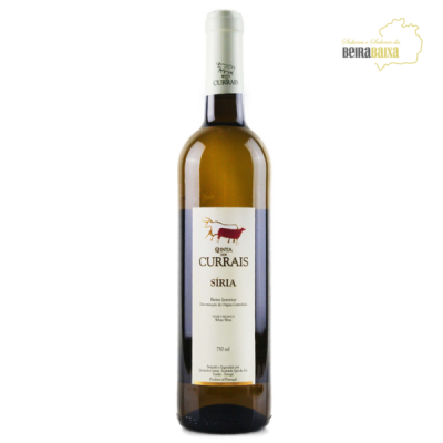 Garrafa de vinho branco Quinta Currais Síria 750 ml com rótulo branco e touro vermelho
