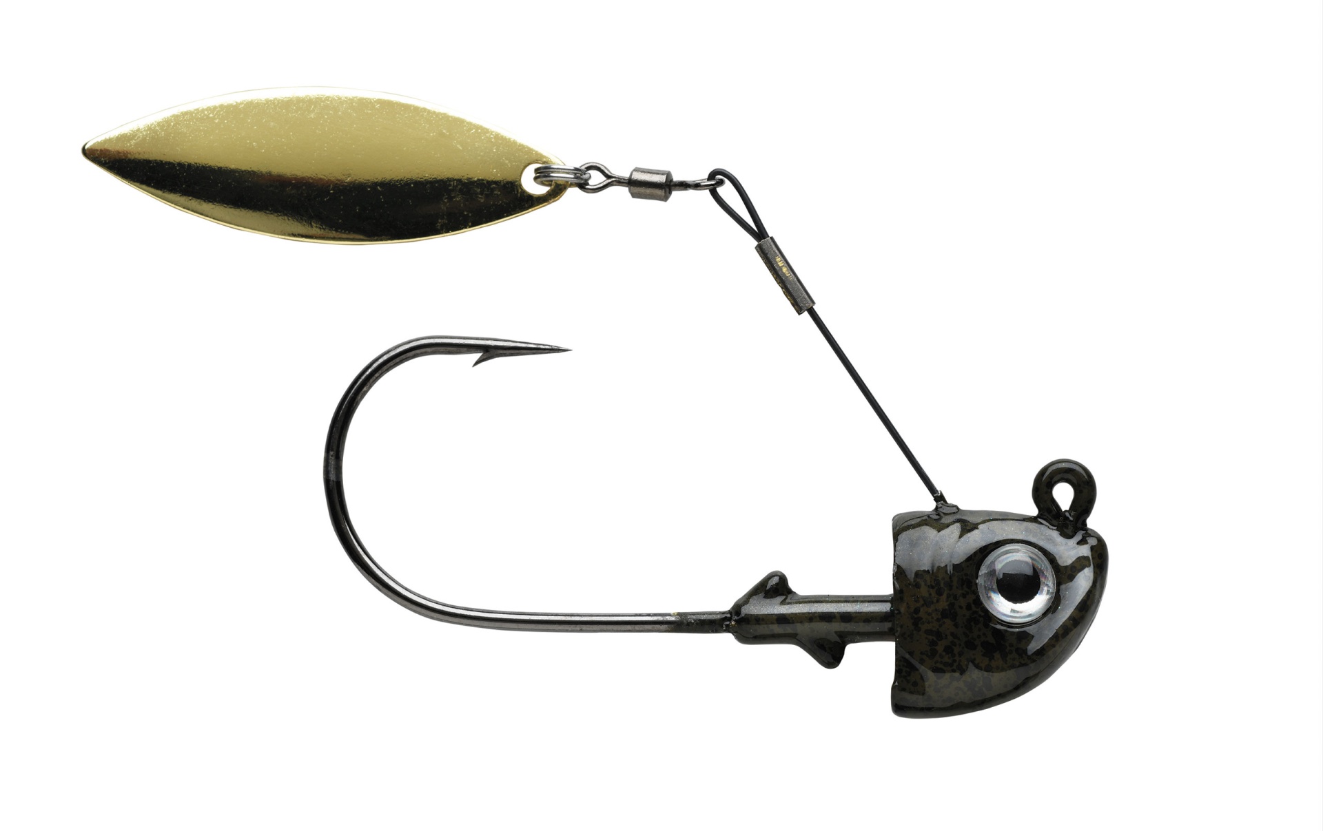 1st Gen Fishing Top Spin Isca de pesca metálica com cabeça de chumbo preta e lâmina dourada