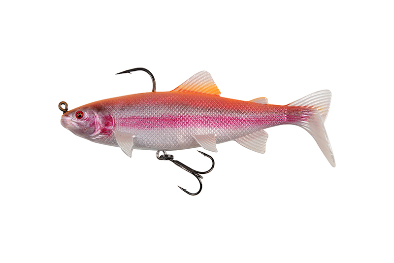 Isca artificial para pesca em forma de peixe rosa e laranja com anzóis pretos