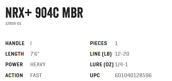 Cana Casting G Loomis NRX+ 904C MBR Especificações técnicas de cana de pesca NRX+ 904C MBR