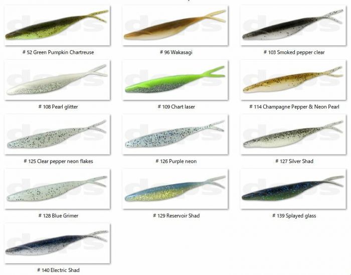 Amostra Deps Sakamata Shad 6" Diversos iscos artificiais coloridos para pesca, cada um com código e nome visível