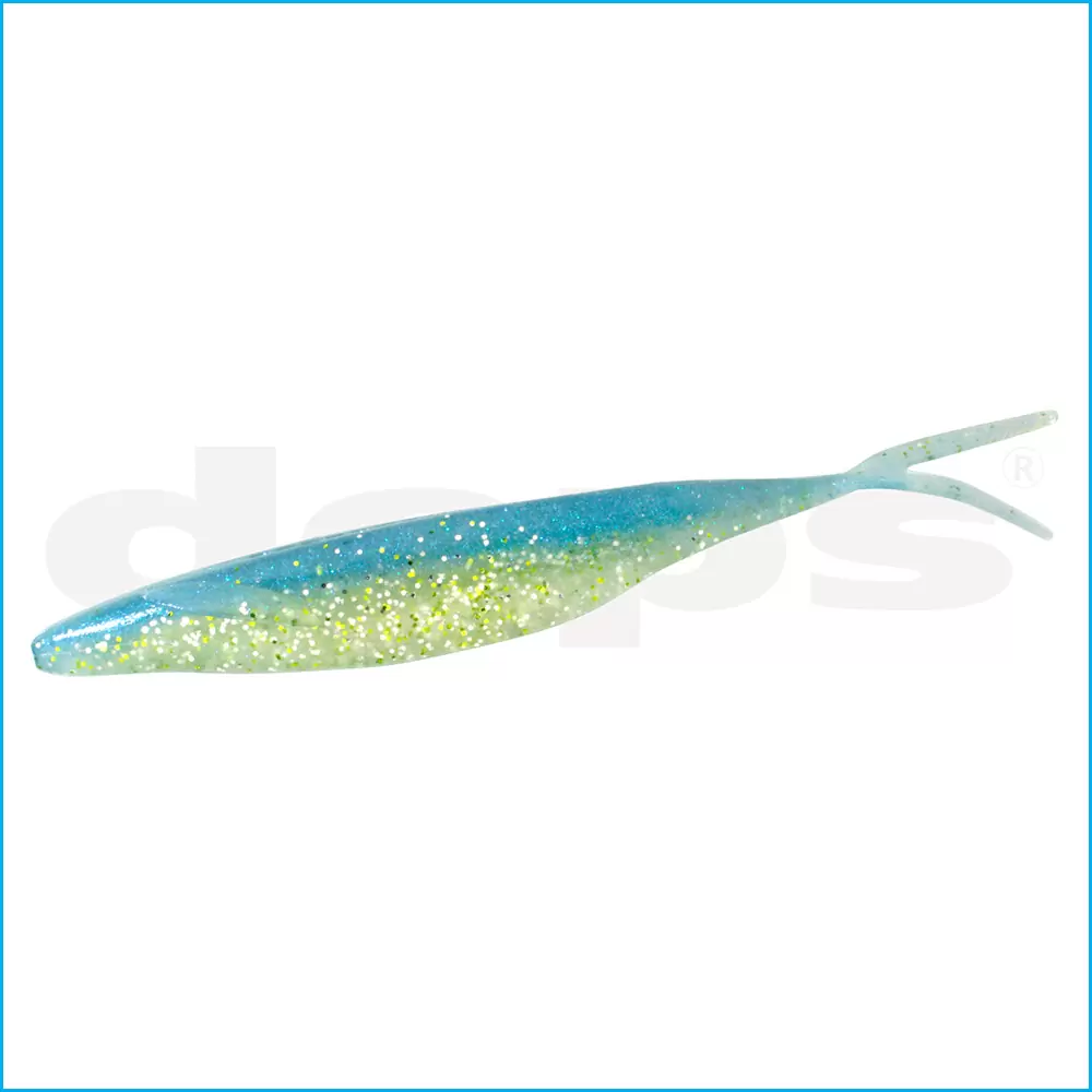 Amostra Deps Sakamata Shad 6" Isca artificial de silicone azul e verde com cauda bifurcada.