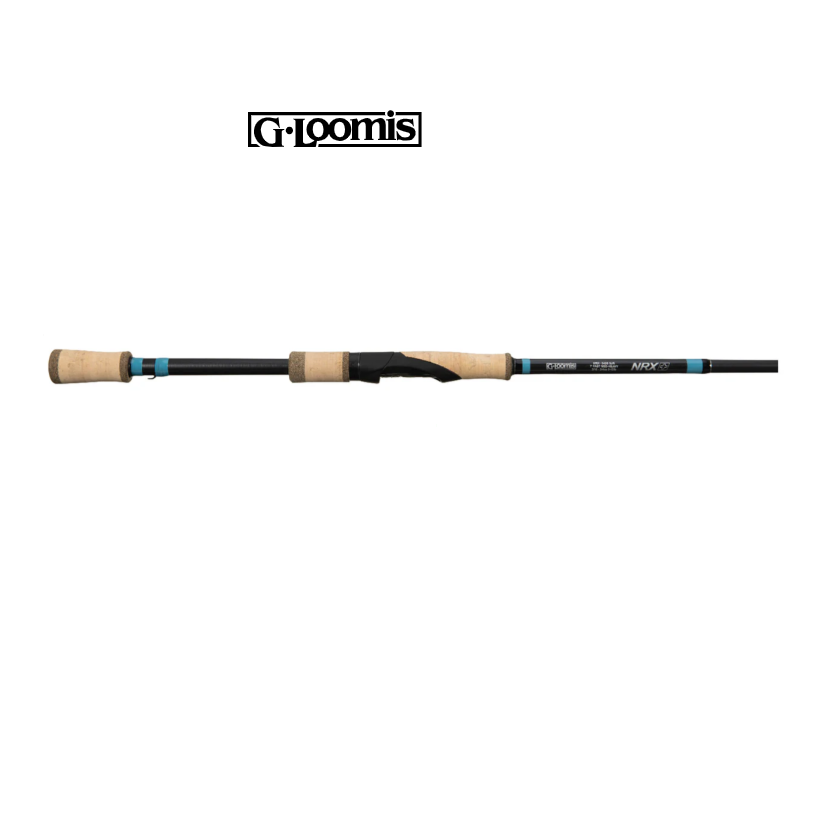Cana Spinning G Loomis NRX+ 843S SJR Cana de pesca G Loomis NRX com punho em cortiça e detalhes azuis