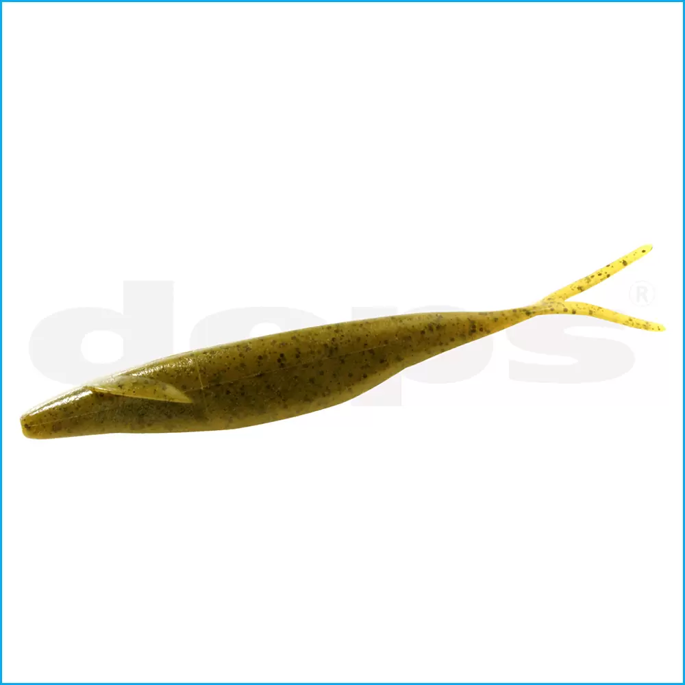 Amostra Deps Sakamata Shad 6" Isco artificial verde com cauda bifurcada sobre fundo branco