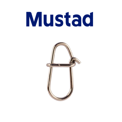 Fecho de pesca dourado com texto Mustad azul sobre fundo branco