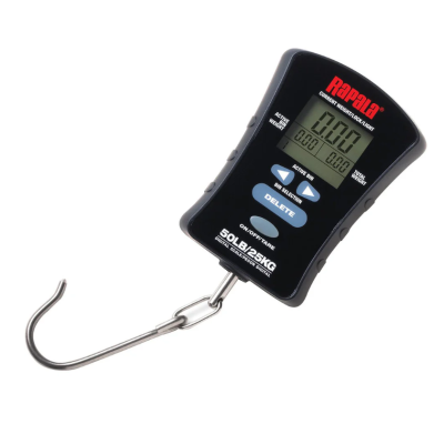 Balança digital de gancho preta da marca Rapala com visor LCD