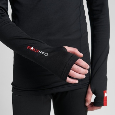 Camisola técnica preta com aberturas para os polegares e logo POLY PRO