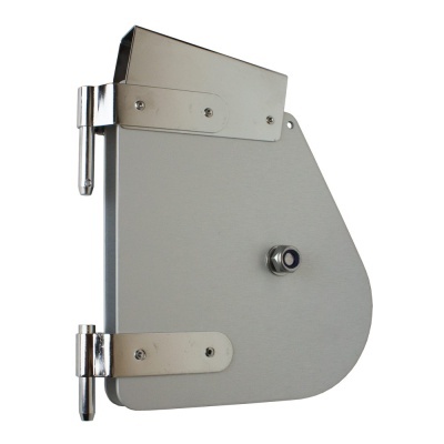 Peça metálica cinzenta com dobradiças e parafuso azul