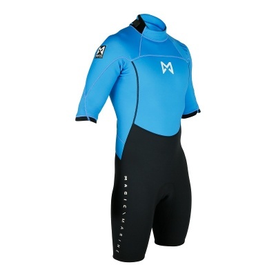 Fato de surf ou mergulho curto azul e preto com logótipos brancos