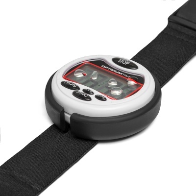 Relógio de pulso digital com bracelete preta e caixa redonda branca e preta