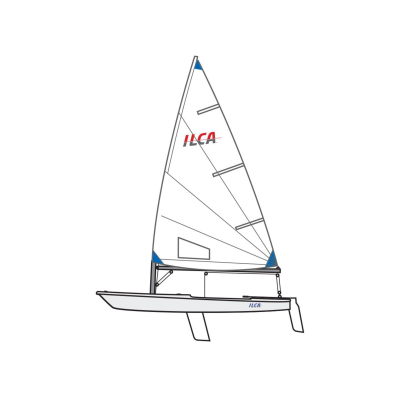 Veleiro pequeno branco com vela branca sinais ILCA e detalhes em azul