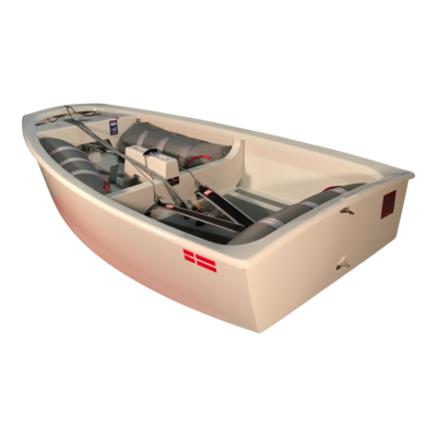 Barco pequeno branco com interiores cinzentos e adesivo da bandeira da Dinamarca