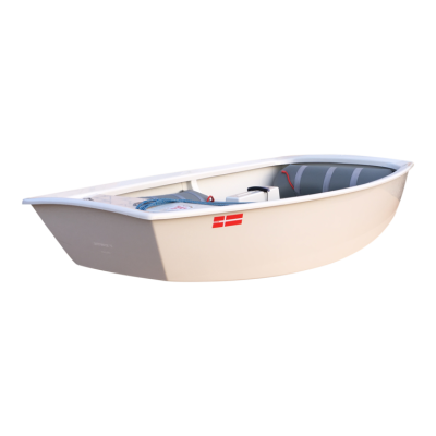 Canoa branca com interior cinzento e detalhes vermelhos