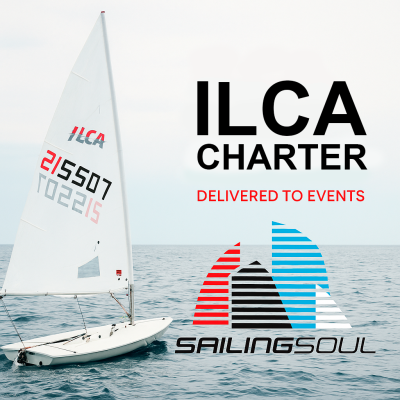 Veleiro ILCA branco no mar com texto ILCA CHARTER DELIVERED TO EVENTS e logotipo SAILINGSOUL