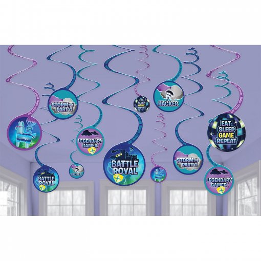 Decoração suspensa de festa com espirais e círculos temáticos de videojogos