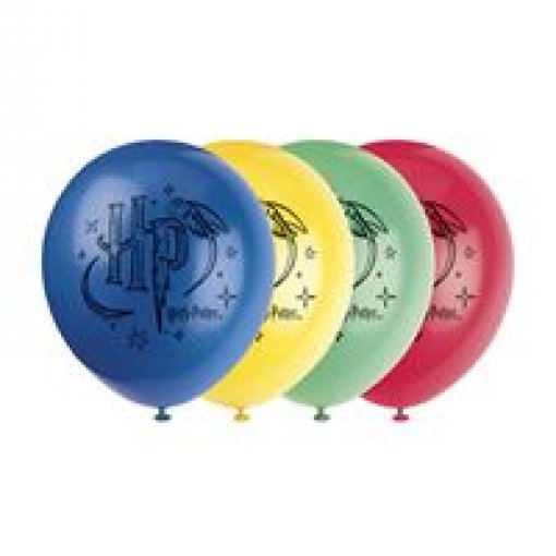 Balões coloridos com logotipo HP e chapéu de bruxo