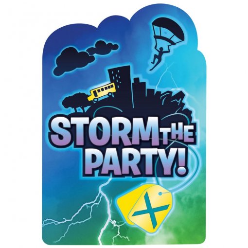 Embalagem do jogo Storm the Party! com ilustração urbana e elementos de tempestade