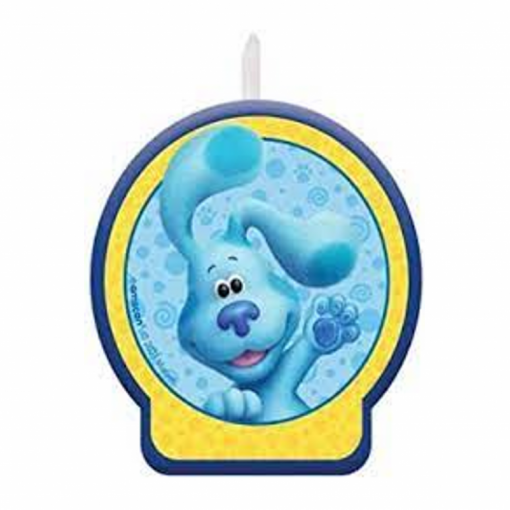 Vela de aniversário com imagem do cão azul do desenho animado Blue's Clues com contorno amarelo e azul.