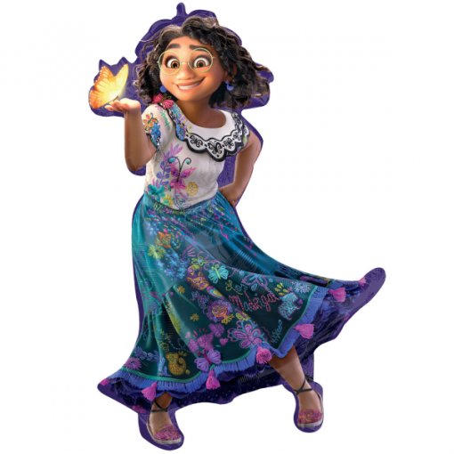 Personagem animada com saia azul e uma borboleta amarela na mão