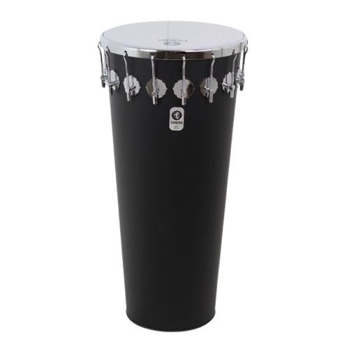 Tambor conga preto com pele branca e elementos metálicos prateados